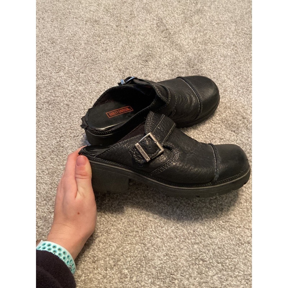 Harley Davidson Black Leather‎ Chunky Buckle Mules Clogs Stock 83041 Womens 6